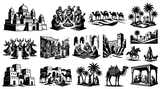 Middle Eastern Arabic Culture Black  White Line Art Illustrations. Vintage Desert Life  Traditional Scenes.