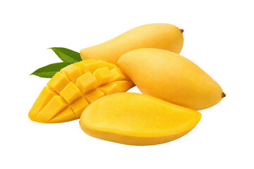Fresh golden Nam Dok Mai mangoes with sliced juicy flesh and green leaves isolated on a light background, tropical fruit concept for healthy eating and summer freshness © MJ iceberg
