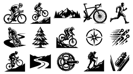 Obraz premium Black and White Vector Icons Set: Cycling, Hiking, Running, Mountains, Compass