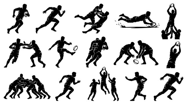 Rugby Sport Players Silhouette Vector Icons Set: Game Actions, Running, Tackling, Kicking, Scrum, Lineout, Try
