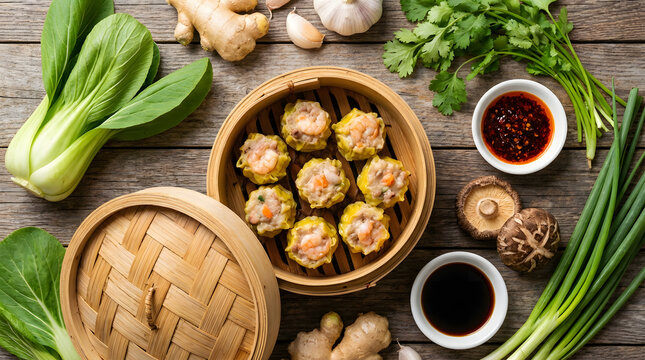 Steamed dumplings in bamboo steamer basket.