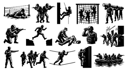 Fototapeta premium Army Soldiers Military Training and Combat Scenes Black and White Vector Illustration Set