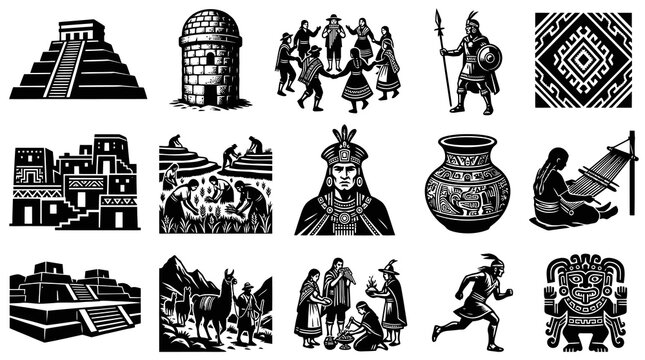 Ancient Inca Civilization Black and White Woodcut Style Vector Icons for Andean Culture  History