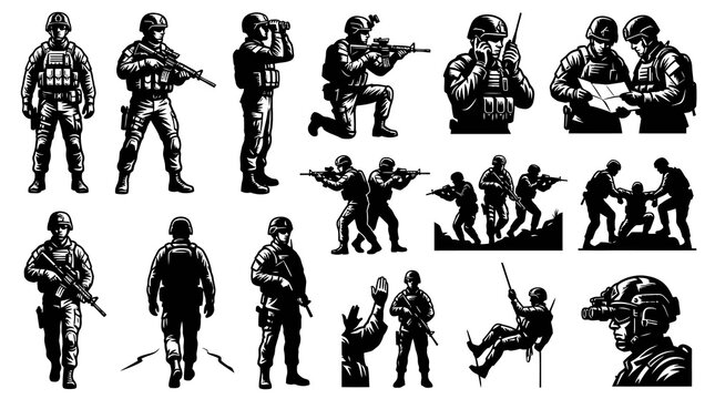 Black and white vector illustrations of soldiers in action poses