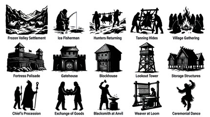 Obraz premium Historical Village Life Vector Icons: Black White Illustrations of Ancient Settlements and Activities