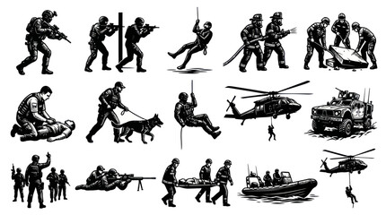 Naklejka premium Black and White Vector Art of Military and Rescue Operations