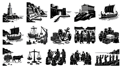 Obraz premium Ancient Greek Scene Icons: Black and White Vector Art for History and Travel
