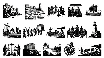 Obraz premium Ancient Greek Life: Silhouettes of City, Ships, Market, People, Lighthouse, Anchor