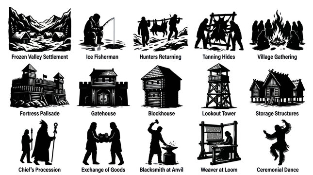Historical Village Life Vector Icons: Black  White Illustrations of Ancient Settlements and Activities