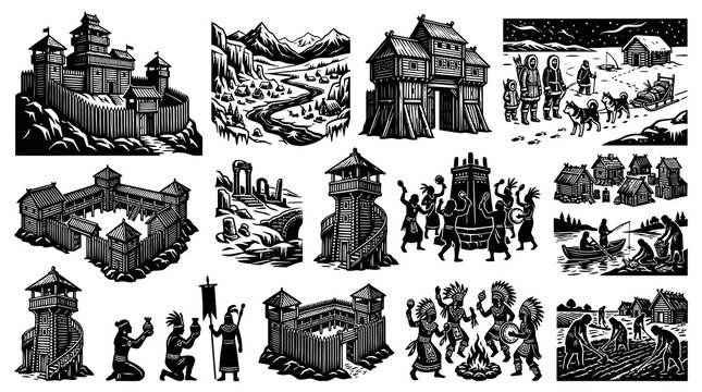 Black and White Woodcut Style Medieval Forts, Villages, and People