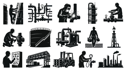 Fototapeta na wymiar Industrial and Oil Gas Manufacturing Black White Glyph Vector Icons Set with Workers Production Equipment