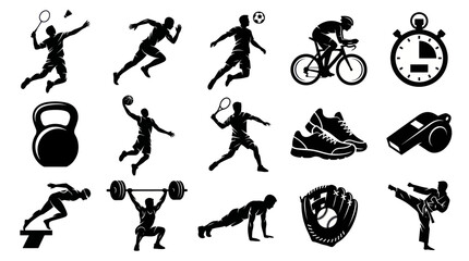 Obraz premium Sports and Fitness Black and White Glyph Icons. Active Lifestyle Silhouettes Collection for Exercise Training.