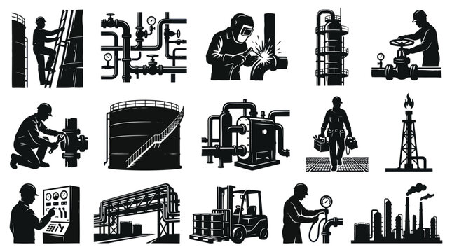Industrial and Oil Gas Manufacturing Black  White Glyph Vector Icons Set with Workers  Production Equipment
