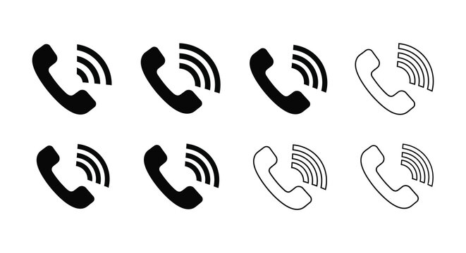 Telephone handset with sound waves icon set black and white silhouette