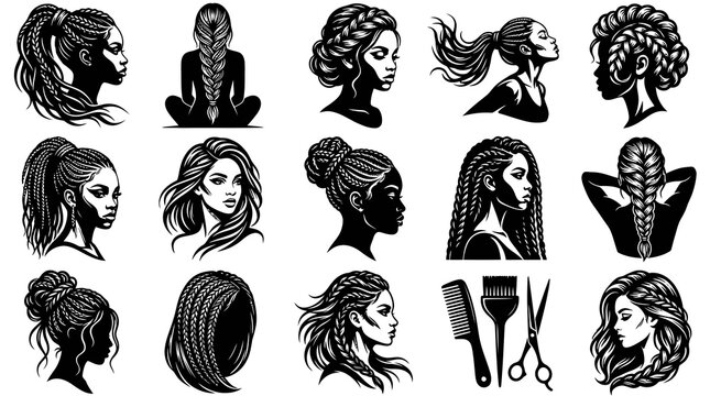 Black and White Vector Art: Diverse Women Braided Hairstyles  Hair Salon Tools Set