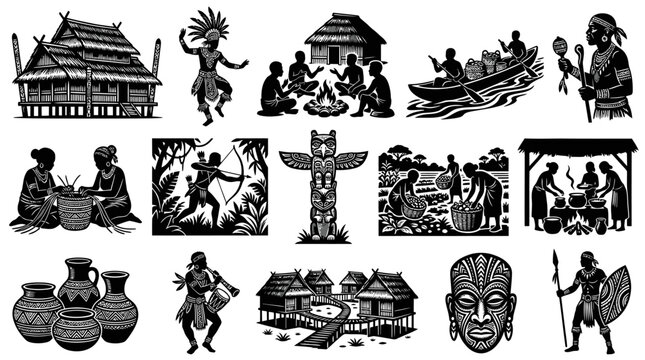Black  White Woodcut Style Illustrations of Indigenous Culture and Traditional Lifestyle Elements