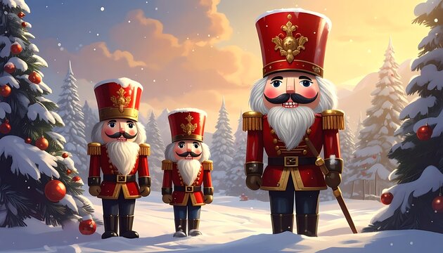 Three Nutcrackers in Winter Wonderland Scene.