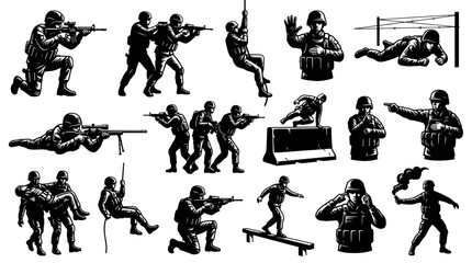 Naklejka premium Black and White Vector Illustrations of Soldiers in Action, Military Theme