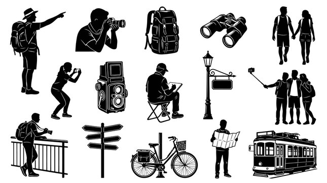Travel and Tourism Black and White Silhouettes - People, Camera, Backpack, Binoculars, Tram