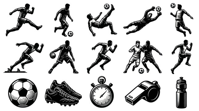 Black and White Engraving Style Football and Sports Icons Set - Players, Soccer Gear, Referee Elements