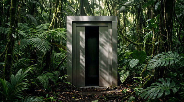 Surreal image of a modern silver metal elevator standing alone in a dense green tropical jungle with sunlight filtering through leaves