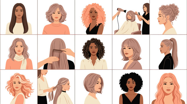 Diverse Women Hairstyles  Hair Care Flat Vector Illustration Set for Beauty Salons  Hairdressers