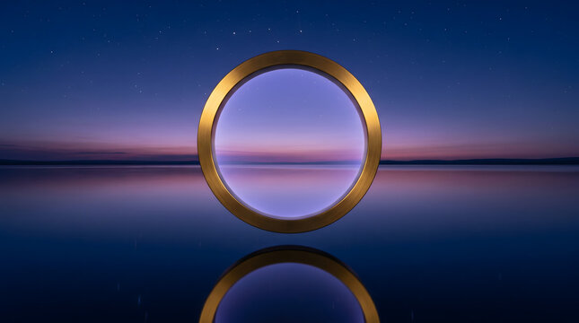 Minimalist golden circular frame floating over calm dark water under a starry night sky with purple twilight horizon and reflection.