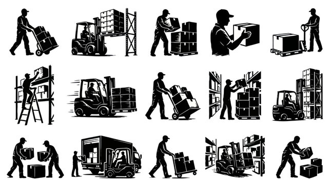 Industrial Logistics, Warehouse Workers, Forklifts, Boxes, and Shipping Black  White Silhouette Icons