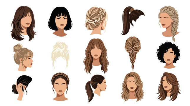 Diverse Hairstyles Set: Braids, Buns, Ponytails, Curls - Vector Flat Art