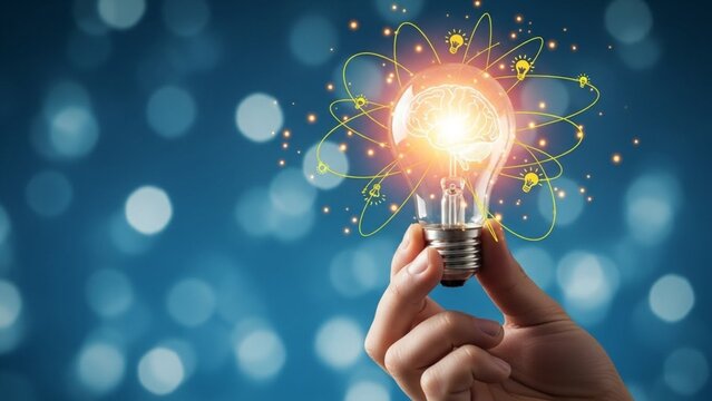 Igniting brilliant concepts A hand holds a luminous light bulb with an abstract glowing brain, symbolizing the spark of innovation, creative intelligence, and problem-solving inspiration