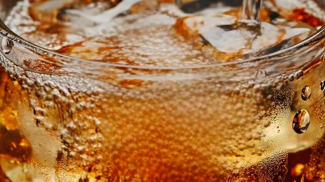 fizzy soda with ice cubes, bubbles forming and popping along the surface, slow rotation revealing sparkling texture, refreshing cold drink and effervescent beverage concept