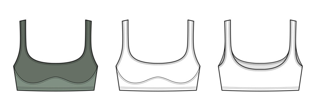 Scoop Neck Sports Bra Technical Fashion Illustration. Women Activewear Vector Template. Front and Back View. Wide Straps. Supportive Fit. Minimal Athletic Design. CAD Mockup Set.