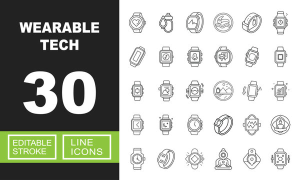 Wearable tech line icon set. Vector pictograms of smartwatch, tracker, heart, pulse, battery, swimming, music, microphone, message, notification, weather, surfing, landscape. Editable stroke.