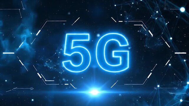 5G network technology concept with glowing blue neon text on a digital background ui