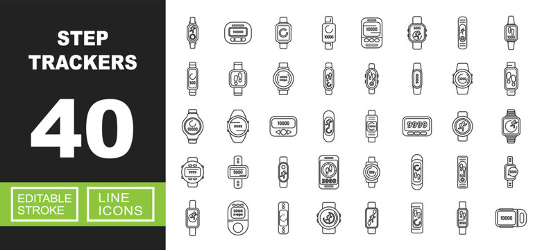 Step Trackers line icon set. Vector pictograms of smartwatch, pedometer, fitness, wristband, tracker, monitor, band, device, gadget, watch, display, counter, screen, sensor. Editable stroke.