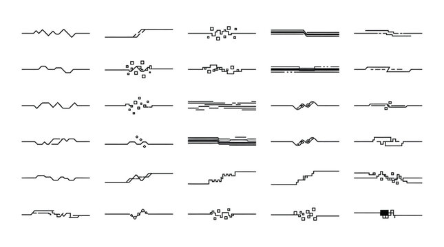 Set of digital glitch line dividers, abstract geometric separators with pixelated elements and signal interference effects