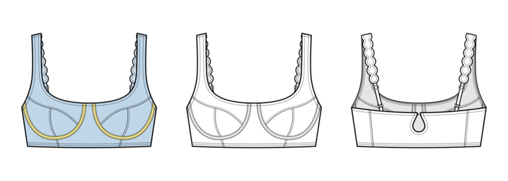 Scalloped edge Strap Structured Bra Top Technical Fashion Illustration. Women Lingerie Vector Template. Front and Back View. Underwire Cups. Adjustable Straps. Feminine Design. CAD Mockup Set.