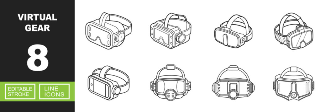 Virtual Reality line icon set. Vector pictograms of headset, goggles, eyewear, viewer, mask, display, visor, hardware, gadget, device, equipment, gear, optics, glasses. Editable stroke.