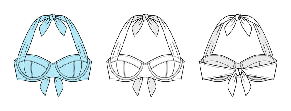 Halter Tie Bikini Top Technical Fashion Illustration. Women Swimwear Vector Template. Front and Back View. Underwire Cups and Bandeau Variation. Adjustable Neck Tie. Minimal Beachwear. CAD Mockup Set.