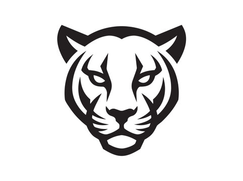 Minimalist tiger head vector logo, black and white wild cat mascot icon, stylized predator face illustration for sports branding and apparel