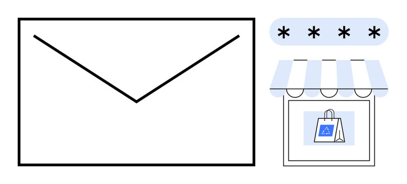 Email marketing, e-commerce security, password protection, online retail, digital transactions, customer outreach. ion of an envelope, store icon and password symbols. Email marketing and e-commerce