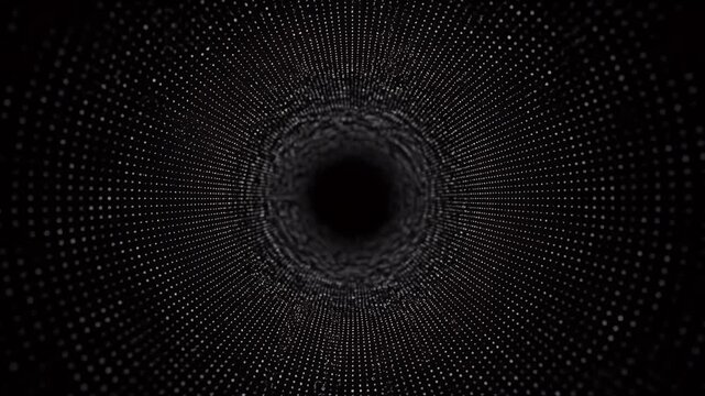 Abstract digital particle tunnel with glowing white dots moving through dark spaces.