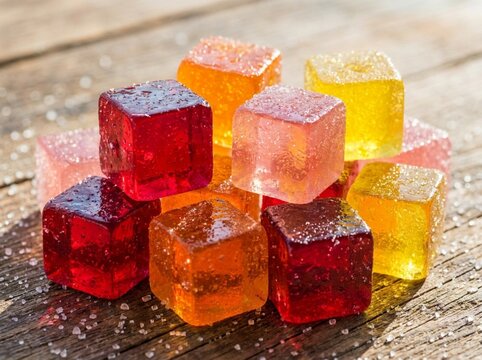 Many agar-agar jelly cubes on white background.Agar Jelly Desserts / Colorful Gelatin Sweets