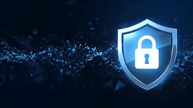 Cyber security shield with padlock icon on a blue digital network background concept