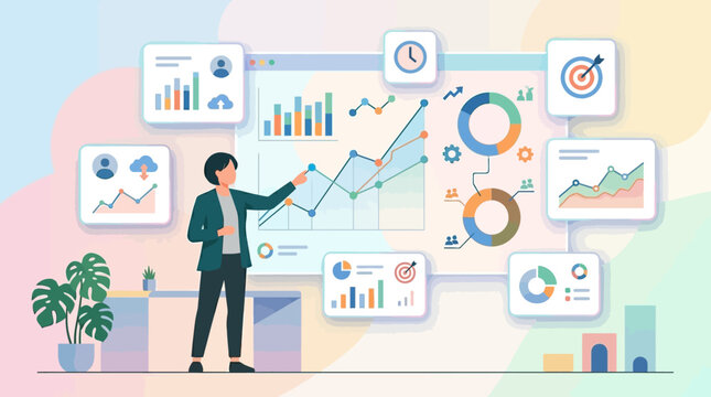 Businesswoman Presenting Marketing Analytics and Performance Charts