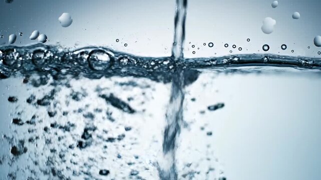 water rising in glass macro close-up, side tracking shot along glass wall as liquid level increases and bubbles form, highlighting clarity, purity, and dynamic filling process in beverage preparation