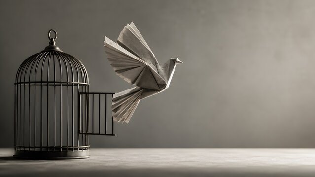 Folded newspaper bird rises from an open cage in side light. Ideal for press freedom, free speech, journalism, and editorial independence campaigns.