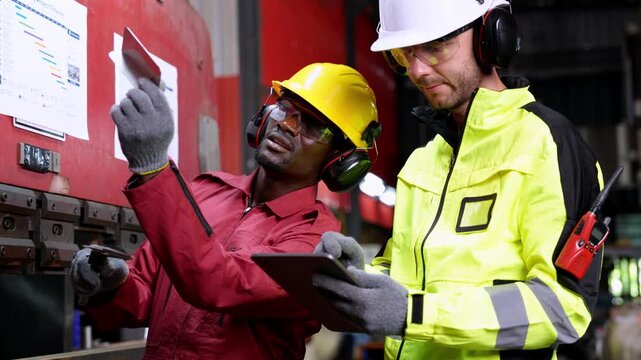 Safety inspection collaboration industrial workshop photo series factory setting close-up view teamwork in action