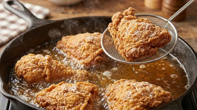 close view of chicken pieces deep frying in pan with sizzling oil. Sizzling Fried Chicken & Food Photography