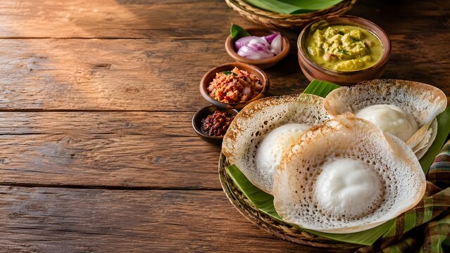 Soft appam hoppers served on banana leaf with chutneys and curry over rustic wood. Useful for South Asian breakfast, travel food, and restaurant content.